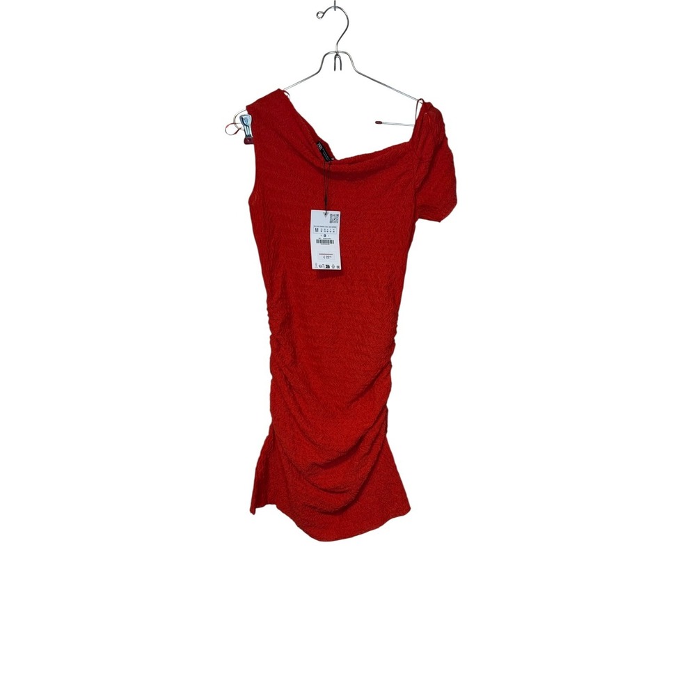 Zara‎ Women's Dress One-Shoulder Mini Stretch Ruched Bodycon Orange Medium NWT